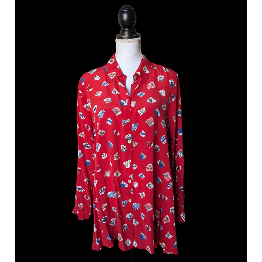 John Mark Seaside Dog Print 100% Silk Red Button Front Blouse New Medium $139